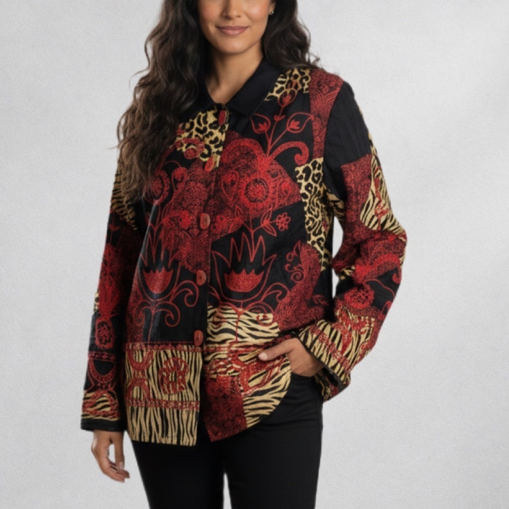 Alex Kim Embroidered Patchwork Jacket Animal Print Rayon Size PL Plus